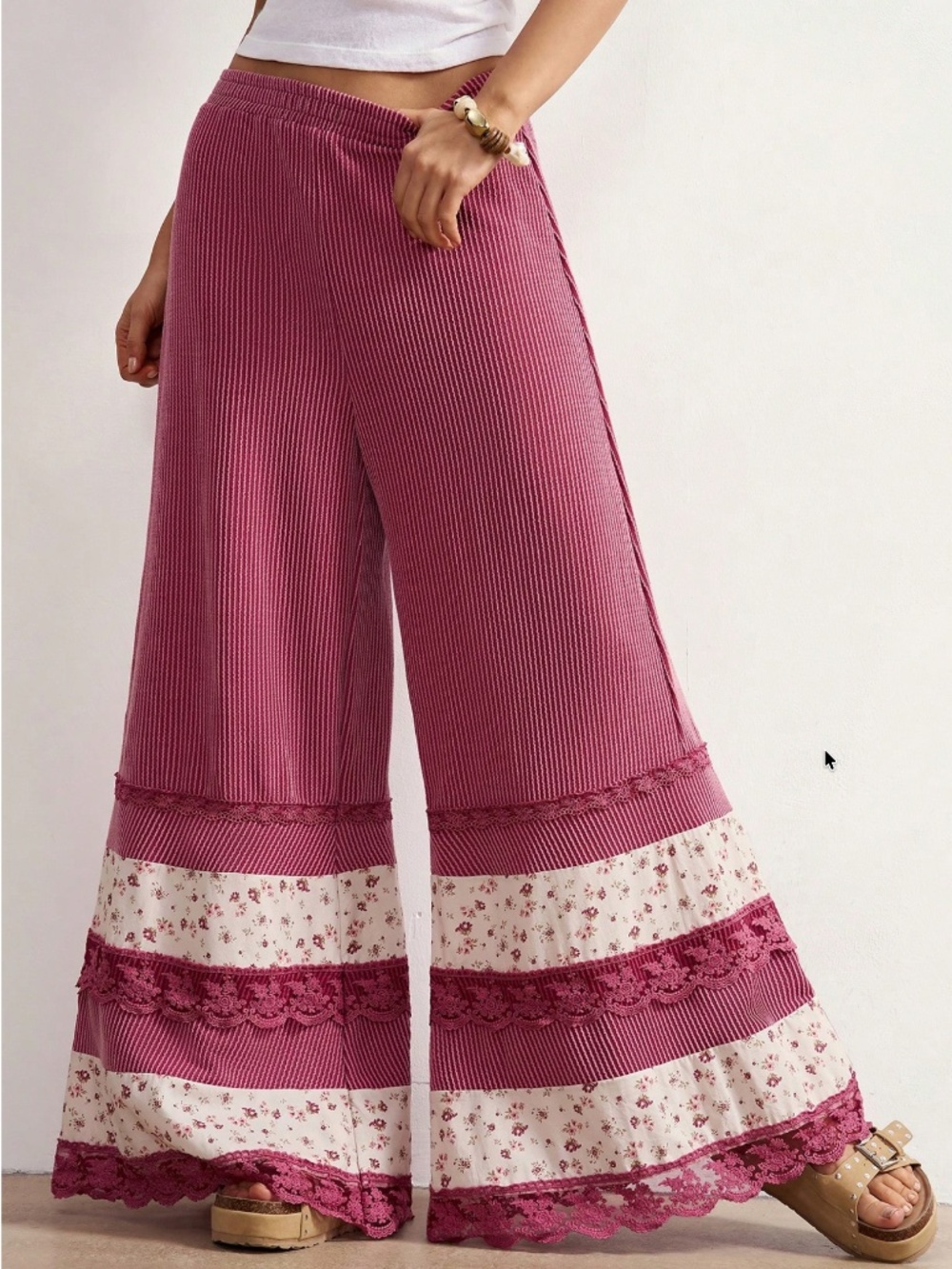 Boho Floral Print Stretchy waist Wide leg Lace pants - Picture 5 of 6